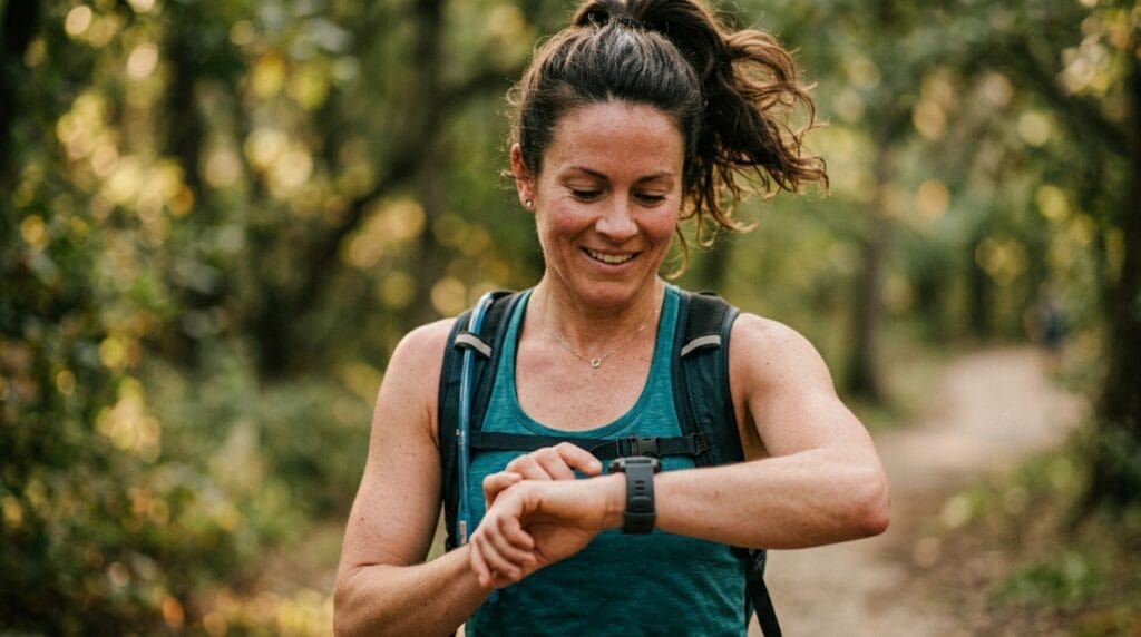Mom checking heart rate during zone 2 running