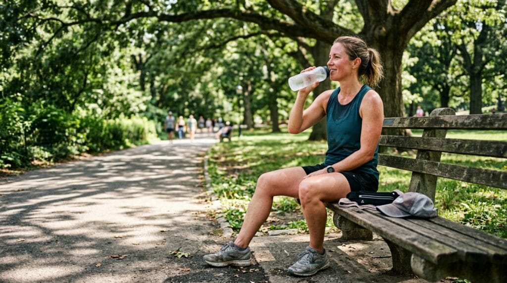 Mom cooling down and hydrating after running in summer heat
