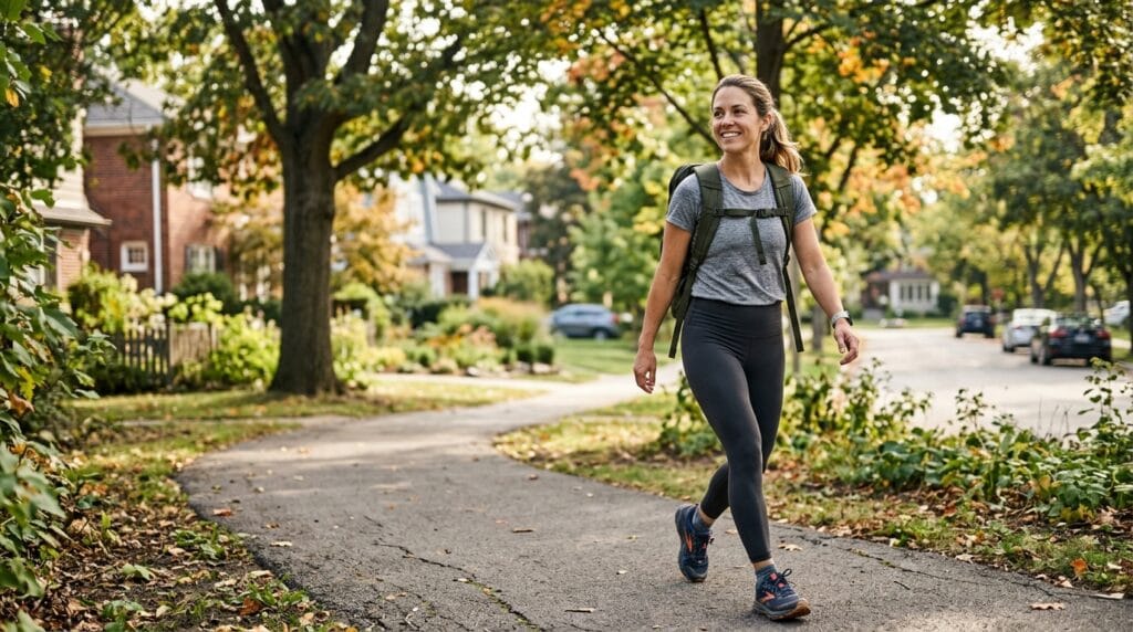 Mom doing rucking outdoors with a weighted backpack to support running strength and endurance