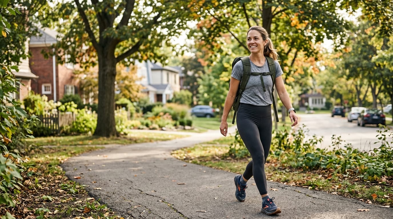 Mom doing rucking outdoors with a weighted backpack to support running strength and endurance
