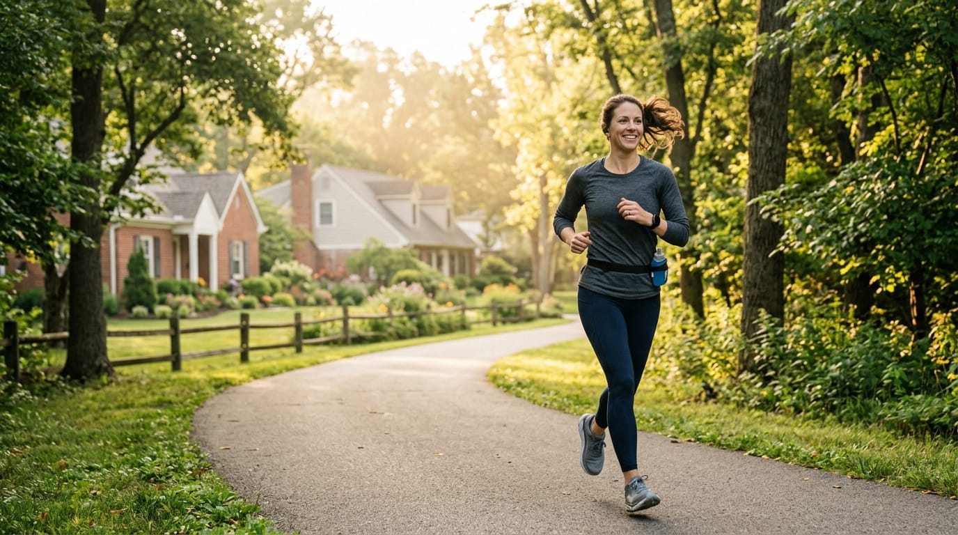 Mom doing zone 2 running on a quiet morning path