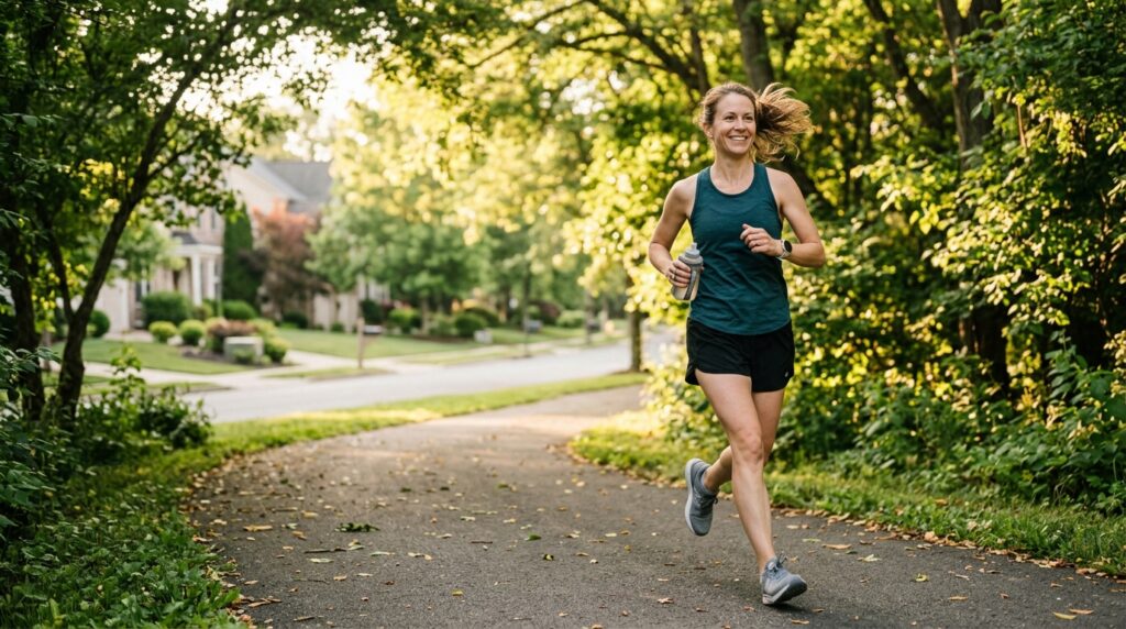 Mom practicing heat-smart running during an early morning summer run