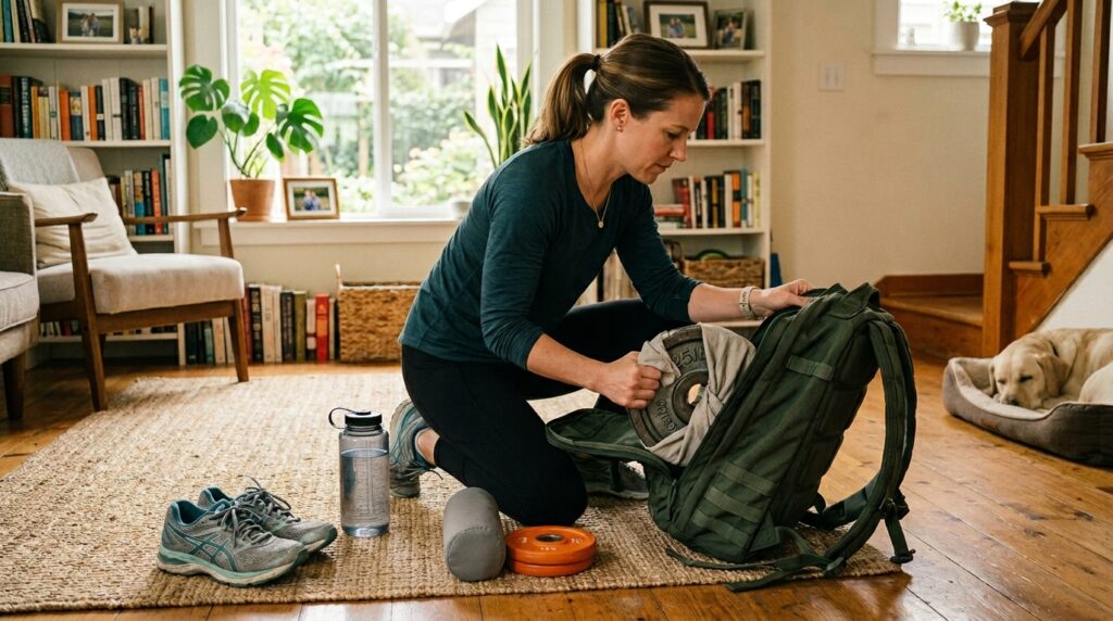 Mom preparing a lightweight rucking backpack before a walking workout