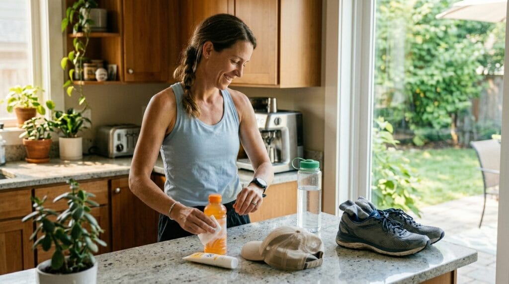 Mom preparing hydration and sun protection before a hot weather run