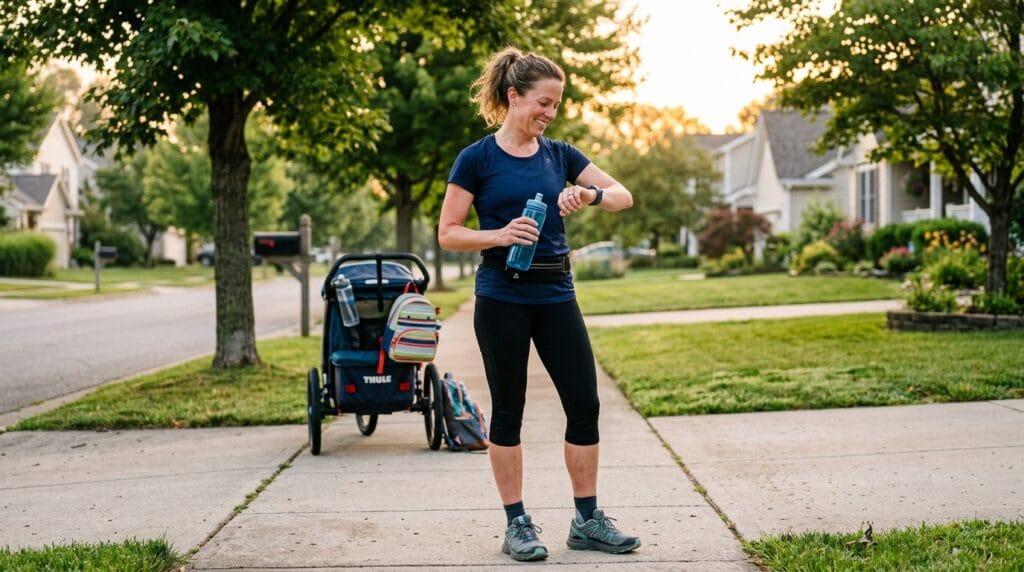 Mom runner checking smartwatch after a morning run without overtraining