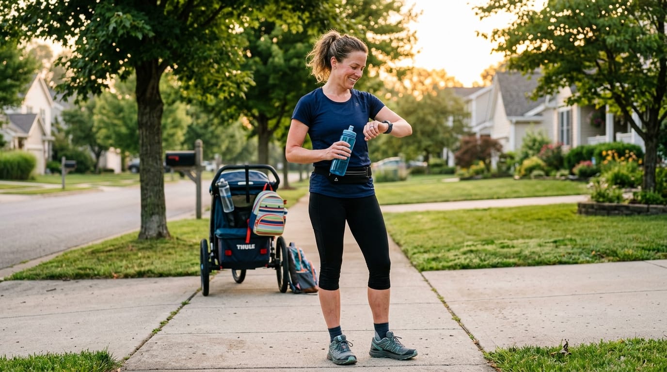 Mom runner checking smartwatch after a morning run without overtraining