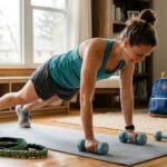 Mom runner doing strength training at home with dumbbells and running shoes