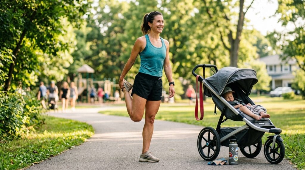 Mom runner using resistance band exercises after a run for strength and recovery