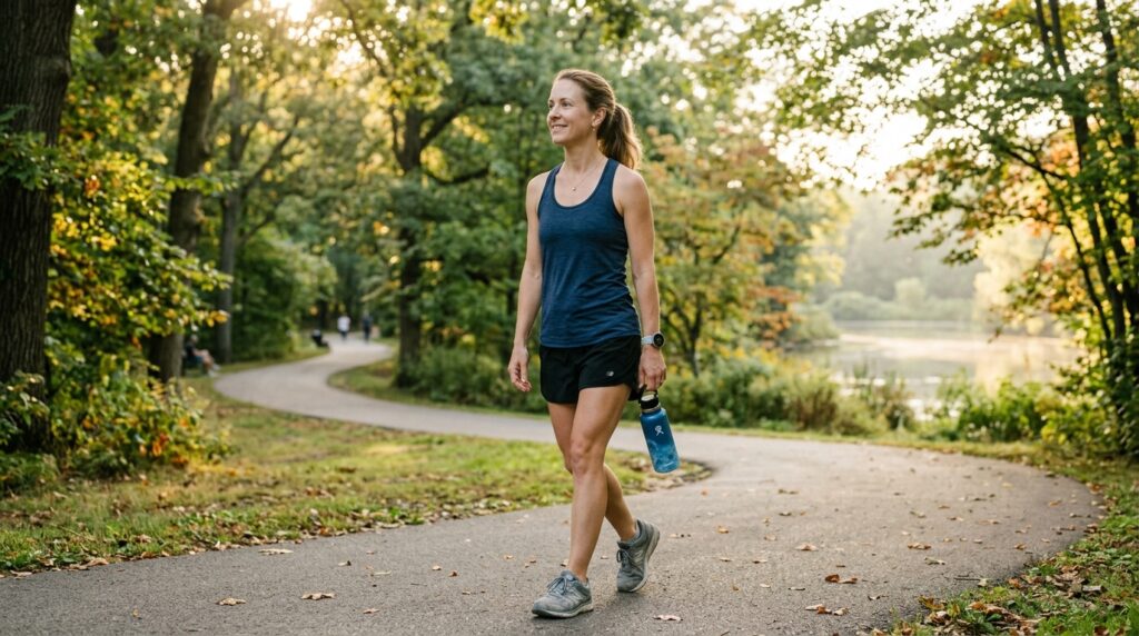 Mom runner using smartwatch recovery data during an easy walk