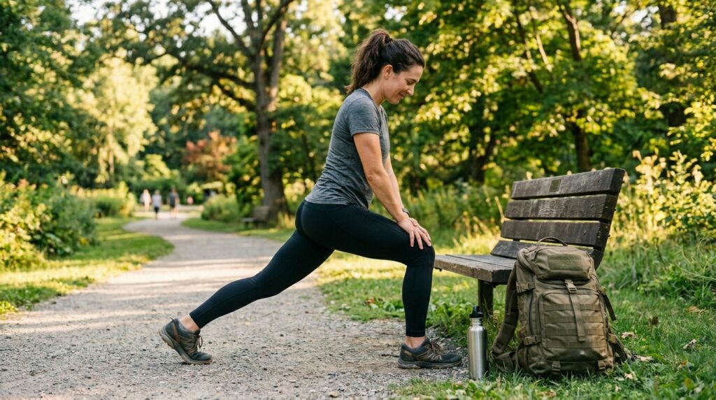 Mom stretching after a rucking workout to support recovery and safe running