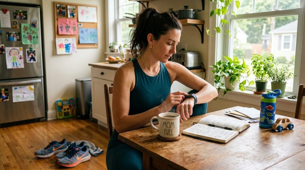 Mom using smartwatch running data to plan a balanced workout routine