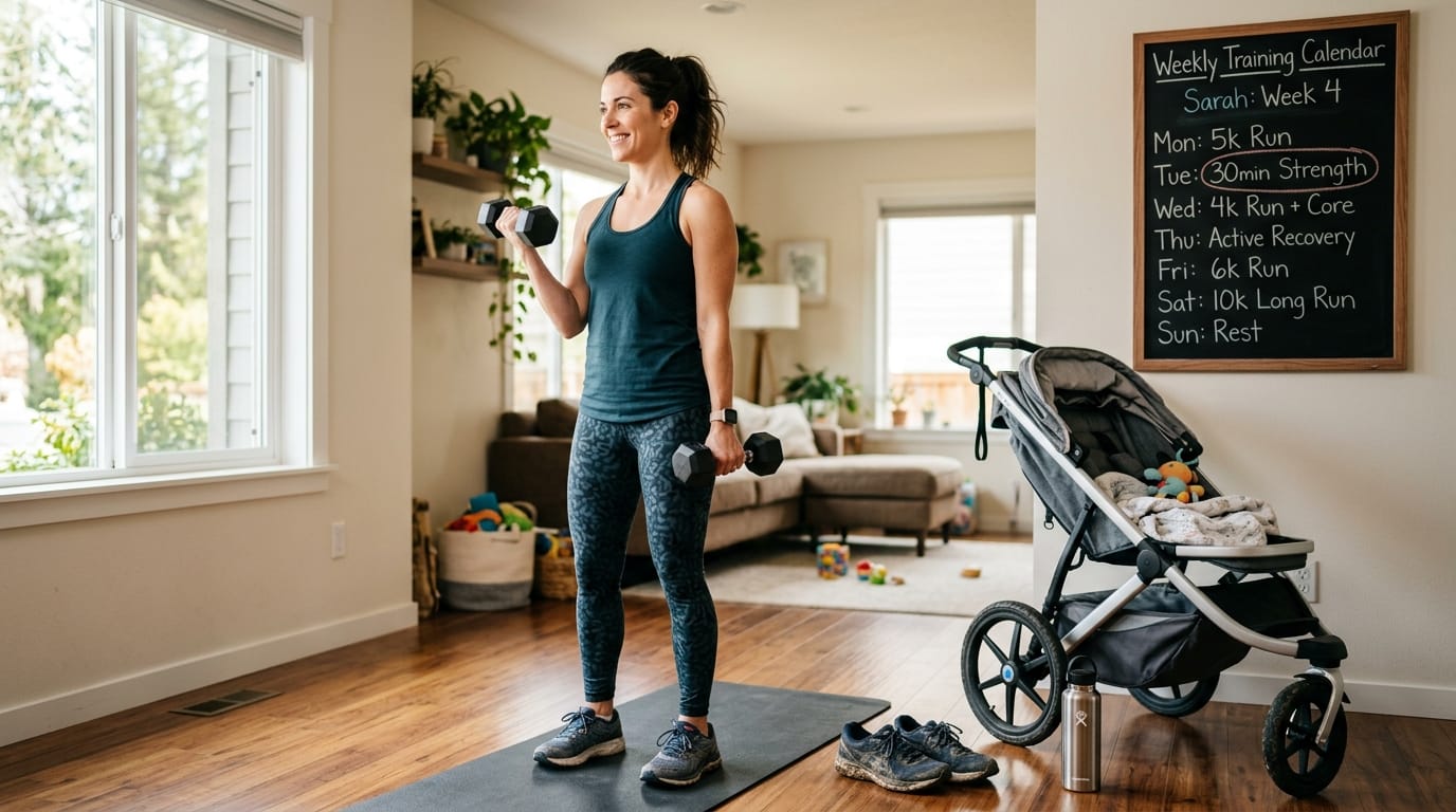 Hybrid training for running moms 2026 with running shoes dumbbells and weekly workout plan