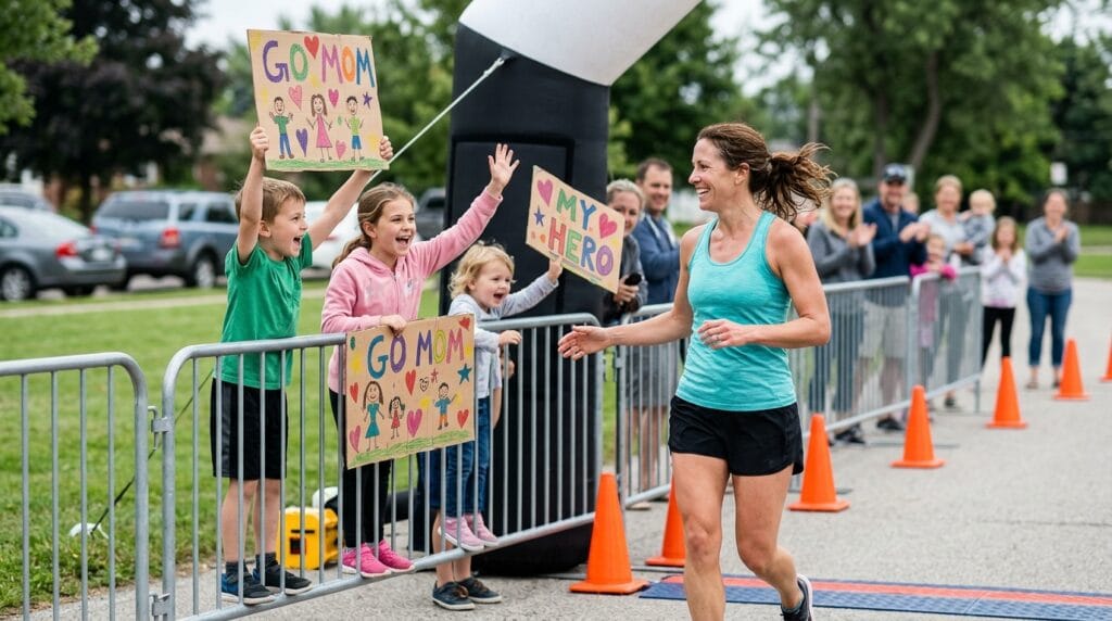 Children cheering for mom during a runcation race weekend