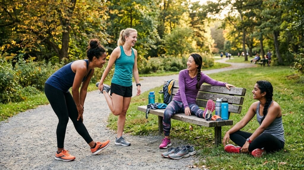 Mom runners stretching together after a group run