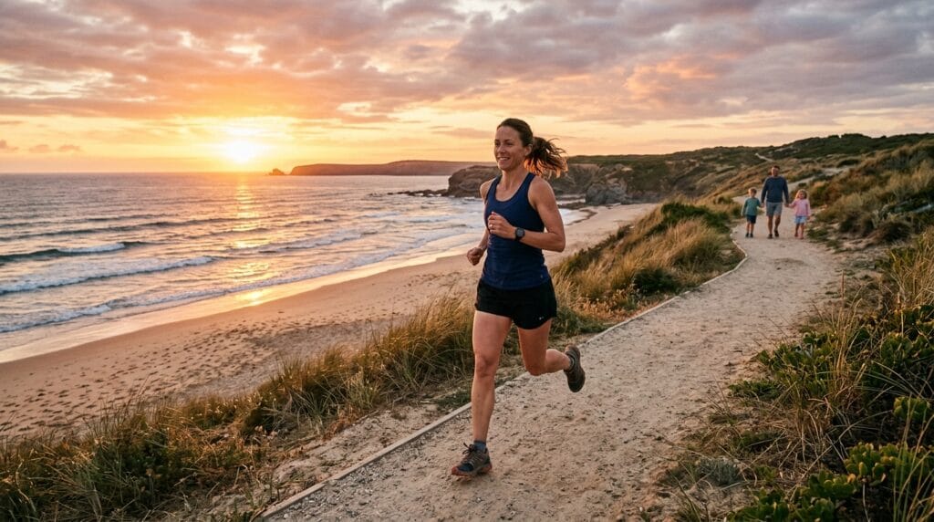 Mom running on a scenic beach path during a family trip