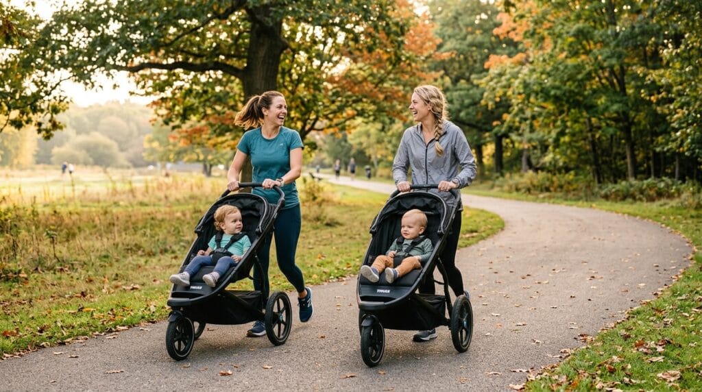 Moms doing stroller-friendly run-walk intervals at the park