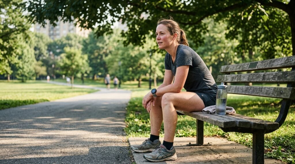 Female runner resting after a workout and assessing fatigue and recovery needs