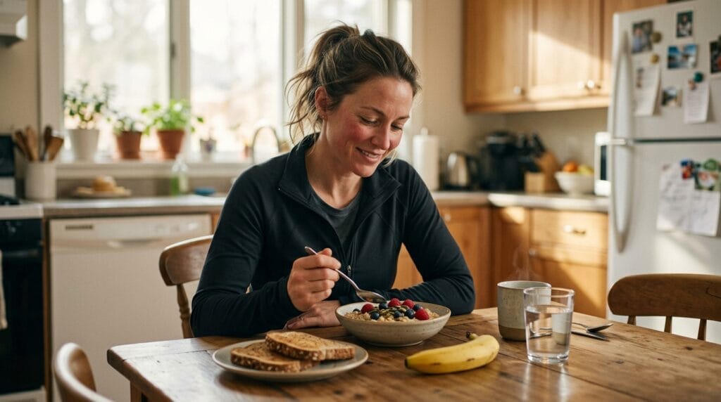 Running mom eating a balanced breakfast to support energy and workout recovery