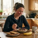 Running mom eating a balanced breakfast to support energy and workout recovery